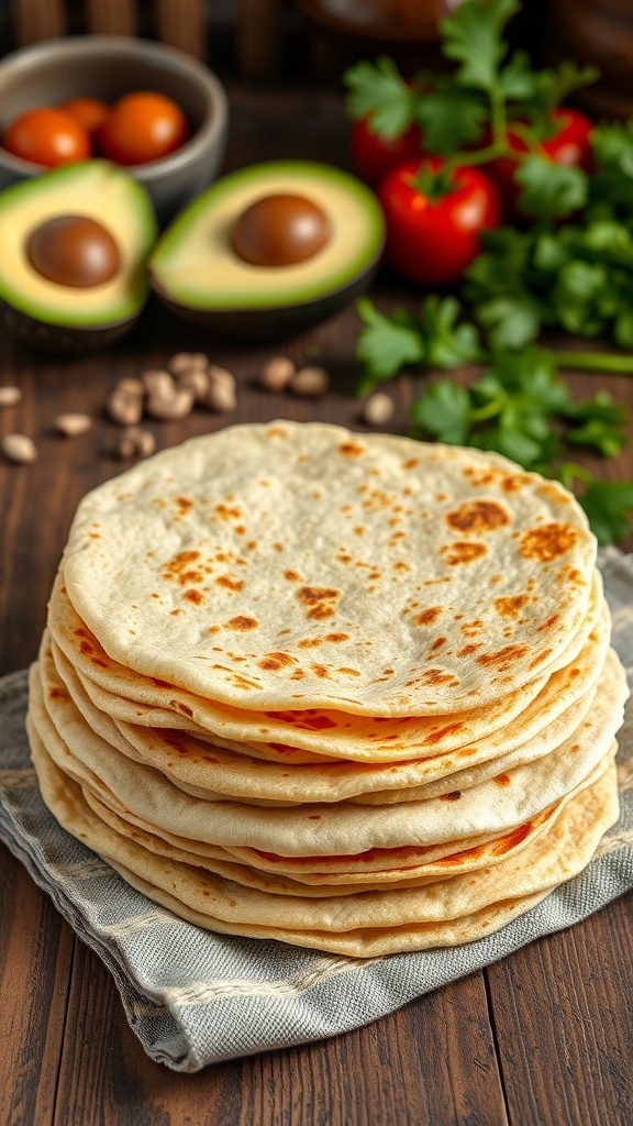 Freshly made tortillas stacked on a wooden table with ingredients for tacos in the background.